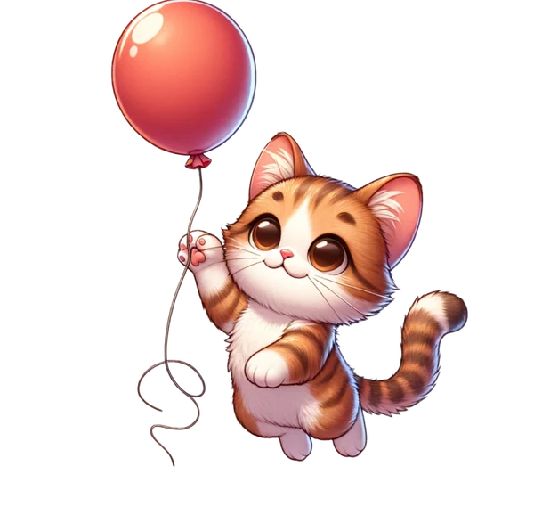 A cheerful kitten floating with a red balloon